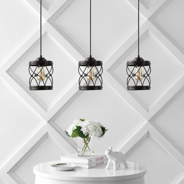 Marelle 6.5" Farmhouse Industrial Iron Filigree Caged Jar LED Pendant - JONATHAN Y